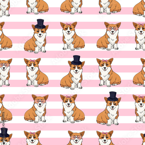Seamless pattern with cute cartoon pembroke welsh corgi with different accessories on pink and white striped background. Endless texture with funny dogs for your design