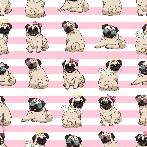 Seamless pattern with cute cartoon pugs with different accessories on pink and white striped background. Endless texture with funny dogs for your design