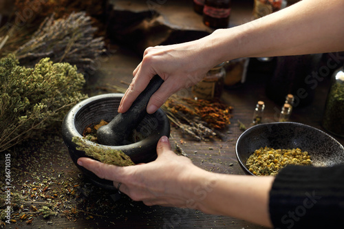 Herbal oils and natural medicines. Herbal medicine and alternative medicine..