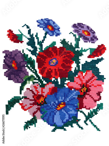 embroidered bouquet of beautiful flowers isolated on white background, decor element, Ukrainian folk embroidery