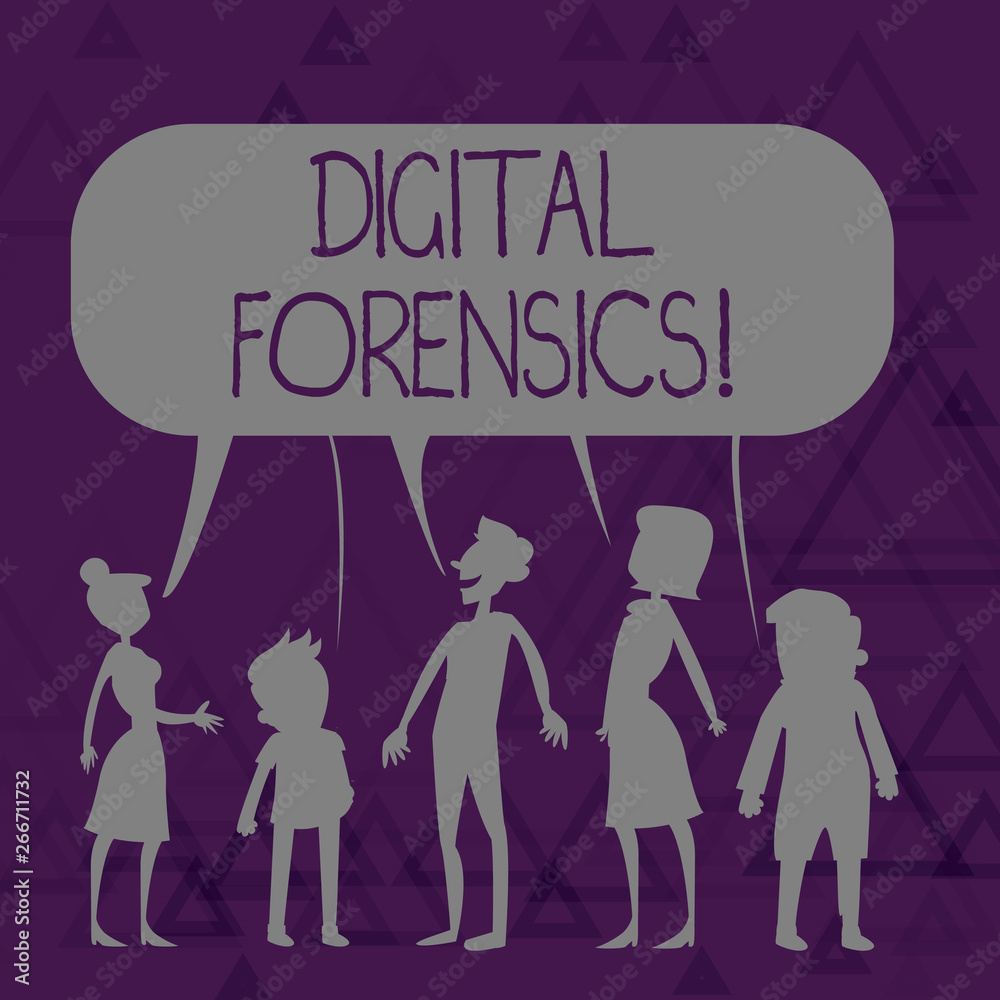 Writing note showing Digital Forensics. Business concept for investigation of material found in digital devices Figure of People Talking and Sharing Colorful Speech Bubble Writing note showing Digital Forensics. Business concept for investigation of material found in digital devices Figure of People Talking and Sharing Colorful Speech Bubble