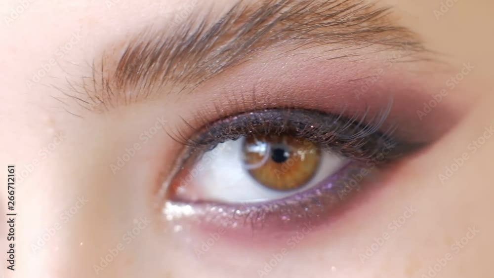 Beautiful Woman Brown eye holiday makeup. Make-up close-up. Young Woman eye macro shoot. Smokey, Smoky eyes. Makeup artist applies makeup to the client. shading shadows. Beautiful Woman Brown eye holiday makeup. Make-up close-up. Young Woman eye macro shoot. Smokey, Smoky eyes. Makeup artist applies makeup to the client. shading shadows.