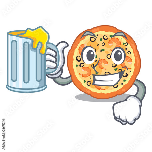 With juice seafood pizza in the mascot shape