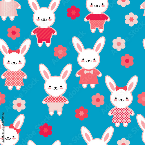 Seamless pattern. Hares in pink clothes on a blue background with flowers. Kawaii. Pink seam. Vector illustration. Can be used for wallpaper, textile, invitation card, wrapping, web page background.