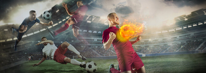 Close up soccer ball in fire on dark background in front of football players of red and blue team fighting for the goal. Creative collage. Movement, action, moving, sport and healthy lifestyle.