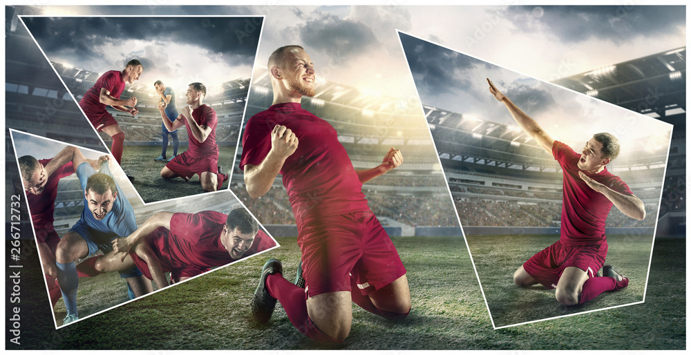 Close up soccer ball in fire on dark background in front of football players of red and blue team fighting for the goal. Creative collage. Movement, action, moving, sport and healthy lifestyle.