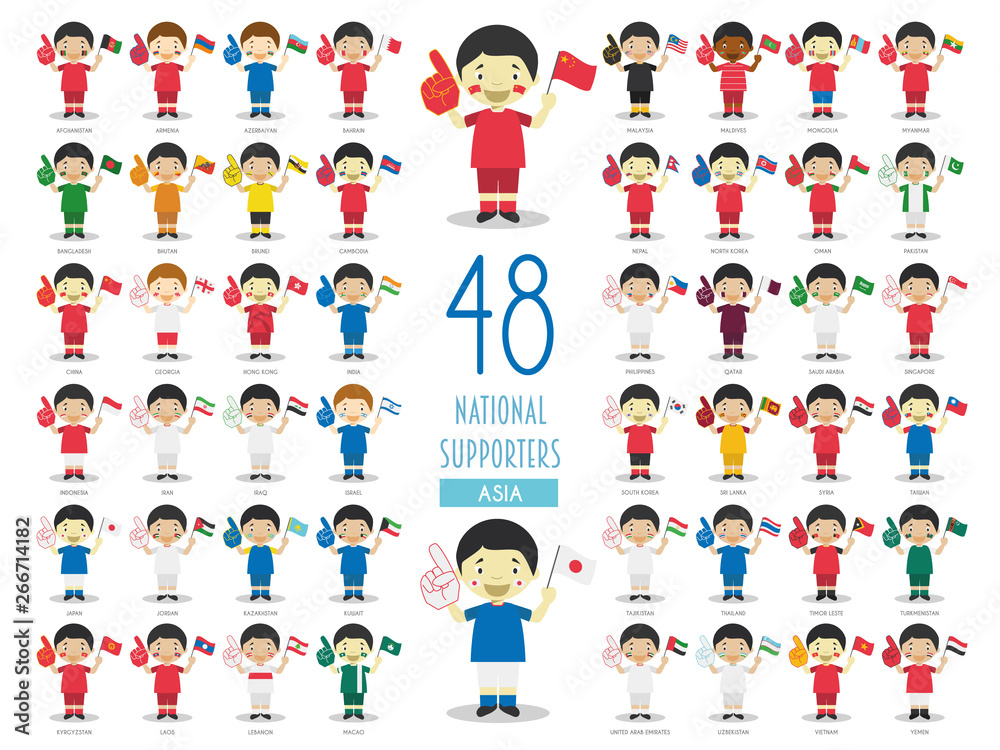 Fototapeta premium Set of 48 national sport team fans from Asian countries Vector Illustration