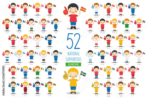 Set of 52 national sport team fans from European countries Vector Illustration