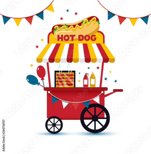Fast food hot dog cart and street hot dog cart. Hot dog cart street food market, hot dog cart stand vendor service. Design Kiosk seller fast food business.
