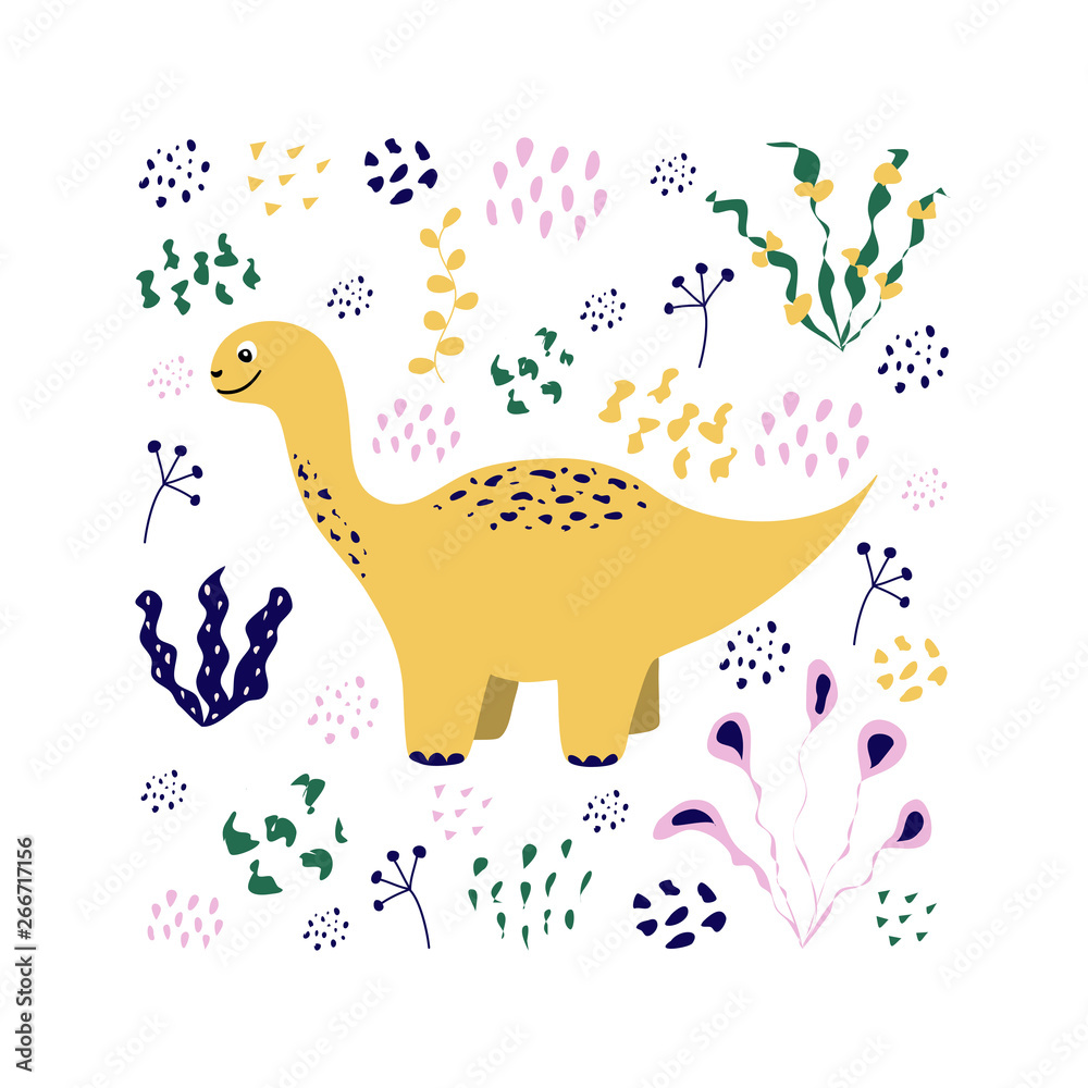 Stylish illustration with dinosaur. lovely childish card in spring colors. greeting card,poster,banner illustration. isolated scandinavian cartoon illustration.