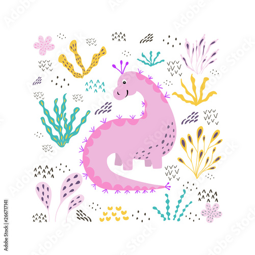 Stylish illustration with dinosaur. lovely childish card in spring colors. greeting card poster banner illustration. isolated scandinavian cartoon illustration.