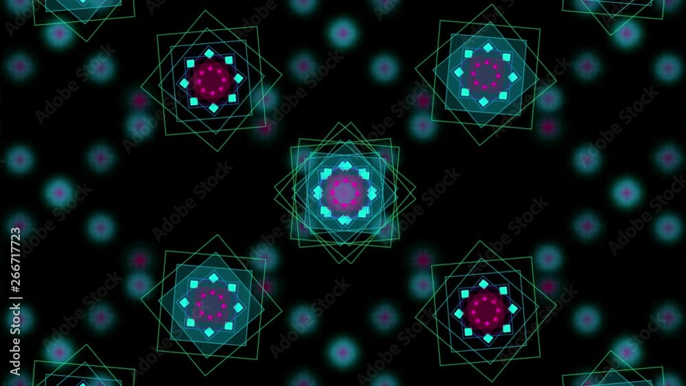 Animation - moving and flickering patterns of squares on blurred background. Abstract screensaver for video.