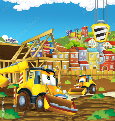 cartoon scene with diggers excavators on construction site father and son - illustration for the children © honeyflavour