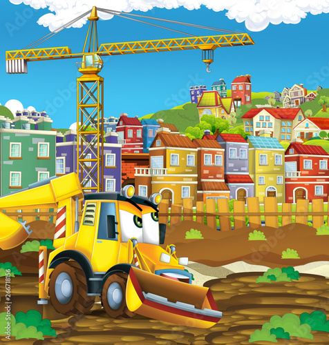cartoon scene with digger excavator or loader on construction site - illustration for the children