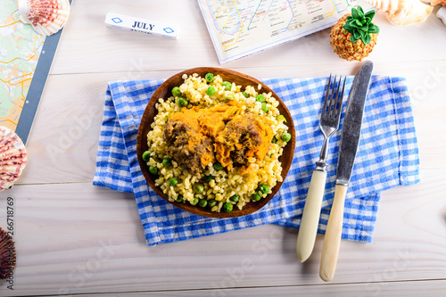 bulgur and meatballs. Healthy food. Top view photo