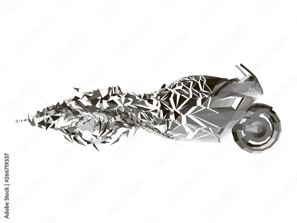 Polygonal motorcycle shatters into small pieces. Side view. 3D. Vector illustration Polygonal motorcycle shatters into small pieces. Side view. 3D. Vector illustration