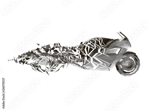 Polygonal motorcycle shatters into small pieces. Side view. 3D. Vector illustration
