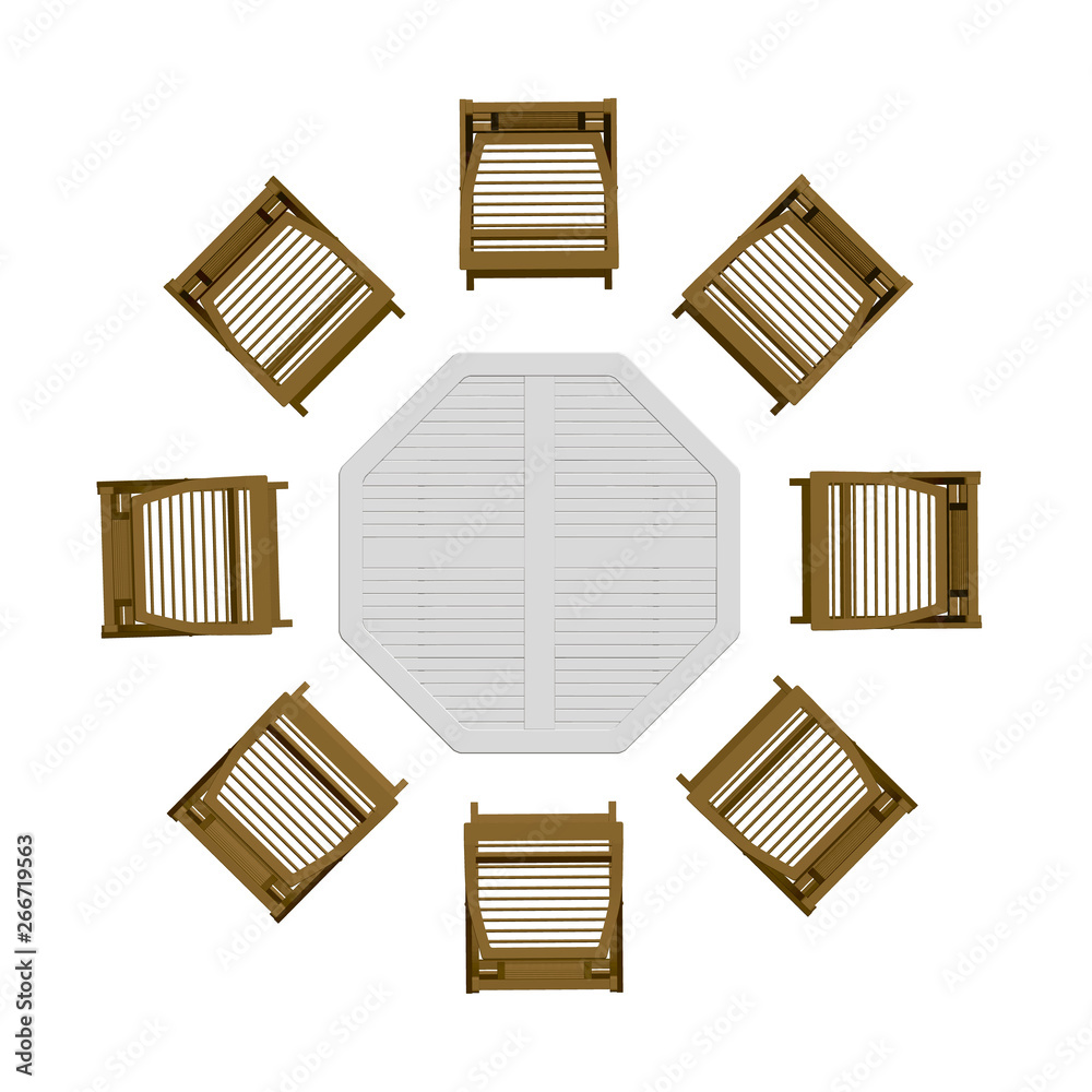 Summer table with chairs. View from above. 3D. Vector illustration.