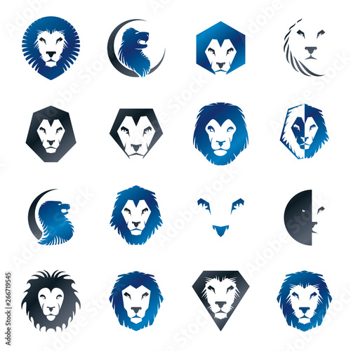 Lion Faces heraldic elements set. Heraldic Coat of Arms decorative logos isolated vector illustrations collection.