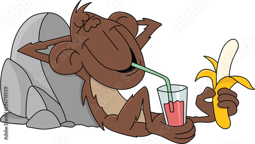 Cartoon monkey relaxing with a banana and a refreshment  in his hands vector illustration