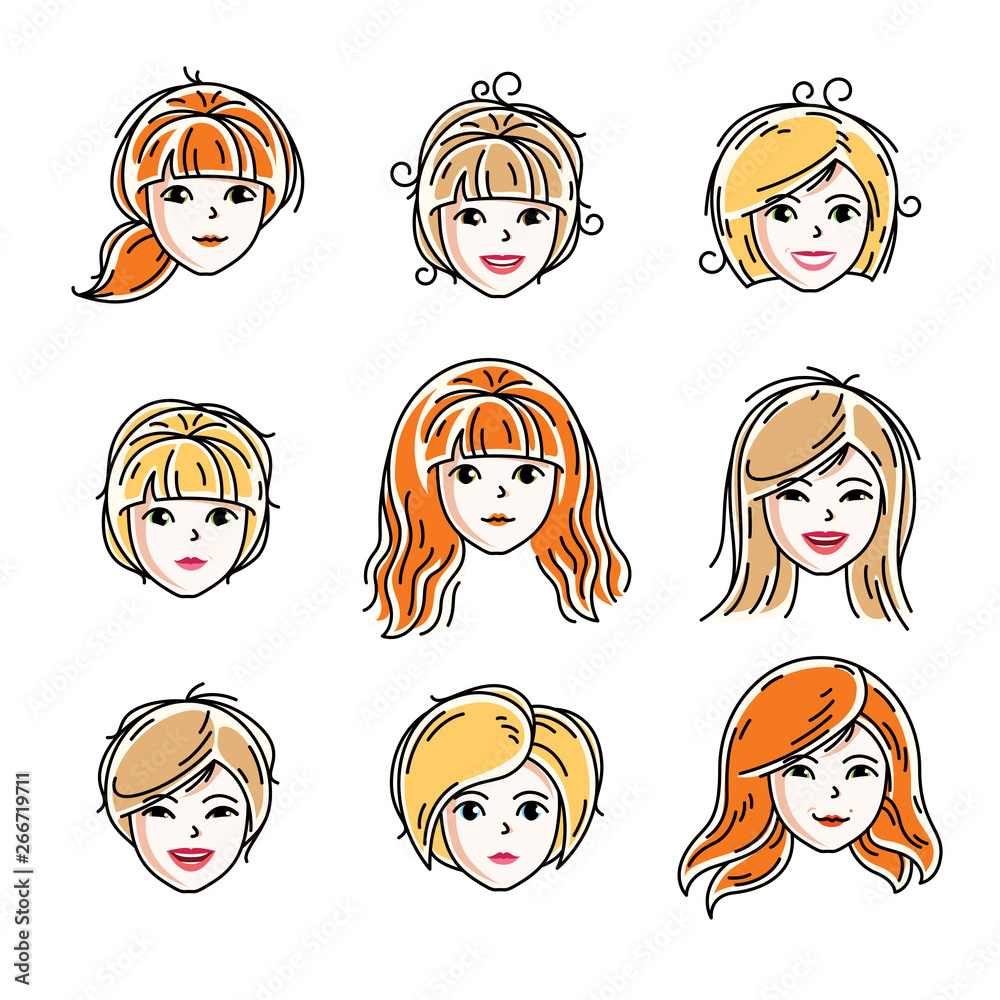 Set of women faces, human heads. Different vector characters like redhead and blonde females, attractive ladies face features collection. Set of women faces, human heads. Different vector characters like redhead and blonde females, attractive ladies face features collection.