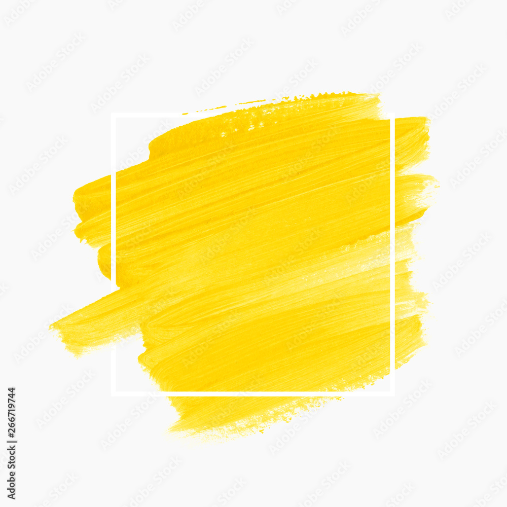 Sunny yellow brush paint texture design acrylic stroke over square frame vector.