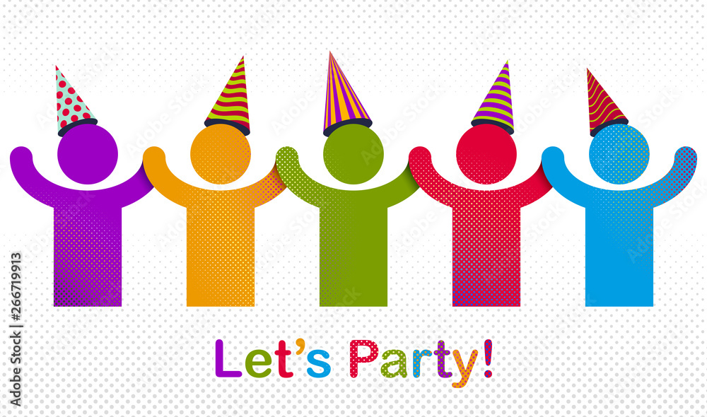 Celebrating people vector concept simple illustration or icon, celebration anniversary or holiday fun, group of cheerful happy people having fun at party.