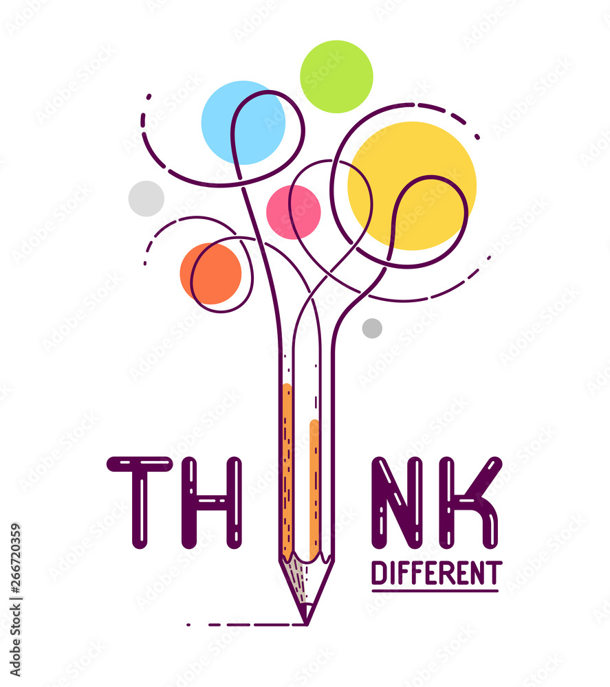 Think different word with pencil instead of letter I, ideas and brainstorm concept, vector conceptual creative logo or poster made with special font.