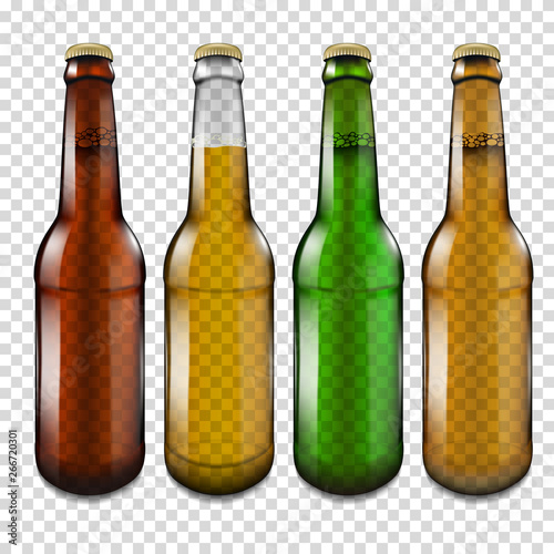 Set of transparent colored beer bottles with beer, isolated on transparent background.