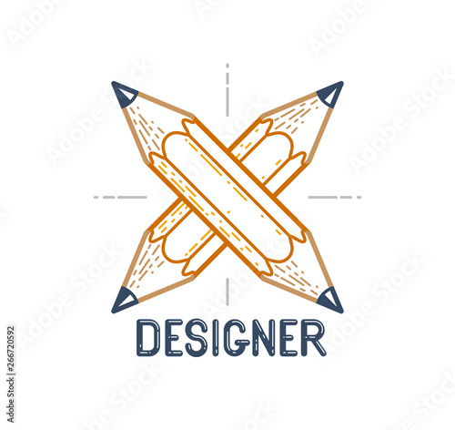 Two crossed pencils vector simple trendy logo or icon for designer or studio, creative competition, designers team, linear style.