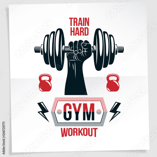 Gym advertising poster. Vector composition with kettle bells and muscular sportsman arm holds disc weight dumbbell sport equipment. Train hard quote.
