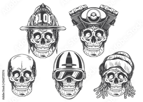 Set of skulls - firefighter, bikers, rasta and original. Vintage label, logotype, emblem. Vector illustration. Isolated on white background. © Oleg