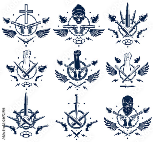 Revolution and Riot aggressive emblem or logo with strong clenched fist, aggressive skull, bullets and guns, weapons and different design elements , vector tattoo, rebel and revolutionary.