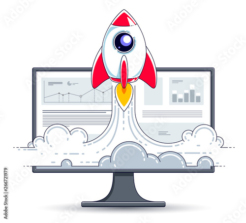 Startup rocket take off over computer monitor, space rocket flying start up internet business concept, online finance, marketplace or shop, vector illustration.