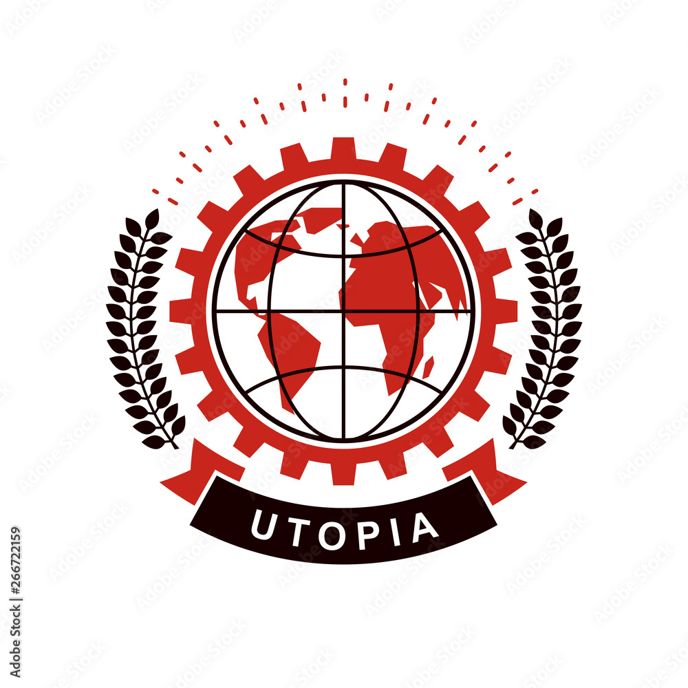 Vector emblem composed using Earth globe surrounded with industrial gear and decorated using laurel wreath. Proletarian revolution abstract symbol, socialism concept. Vector emblem composed using Earth globe surrounded with industrial gear and decorated using laurel wreath. Proletarian revolution abstract symbol, socialism concept.