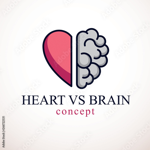 Heart and Brain concept, conflict between emotions and rational thinking, teamwork and balance between soul and intelligence. Vector logo or icon design.