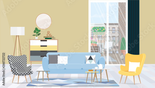 Interior design living room with furniture, a large window and access to the balcony. Vector flat illustration.