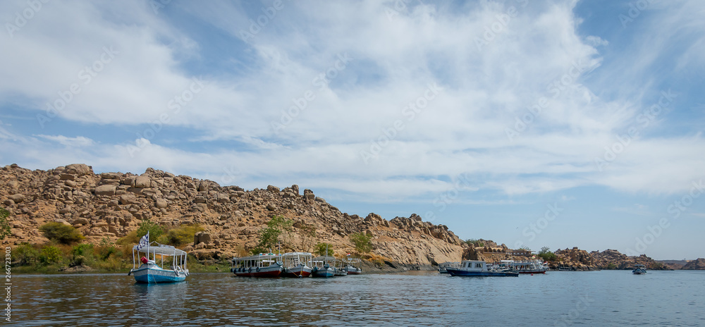 Egypt. Tourist boats on the Nile from the Temple of Philae. April 2019
