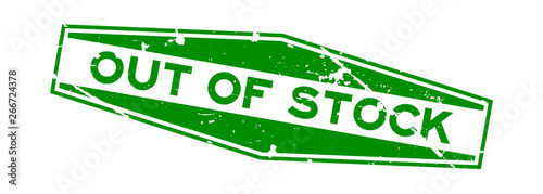 Grunge green out of stock word hexagon rubber seal stamp on white background