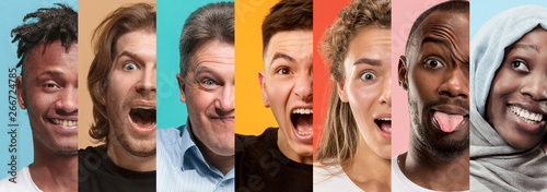 Beautiful male and female front portrait isolated on multicolored studio backgroud. Young, smiling, surprised, screaming. Human emotions, facial expression concept. Trendy colors. Creative collage.