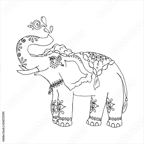 Indian mehndi style elephant single element outline, isolated on white background