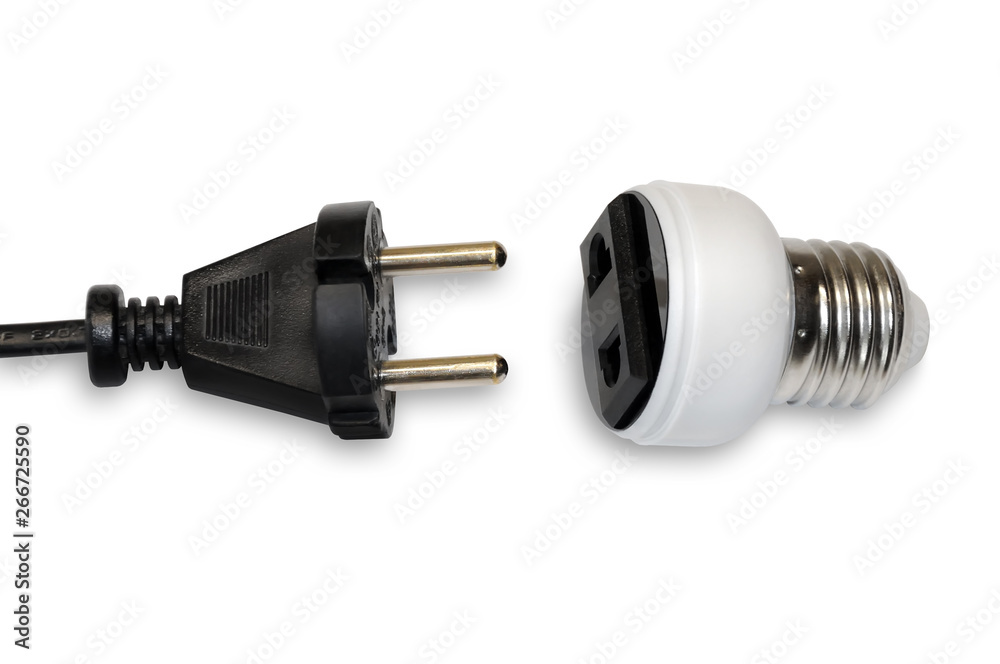 Adapter device for convert from E27 thread to electric plug socket, isolated on white background Adapter device for convert from E27 thread to electric plug socket, isolated on white background