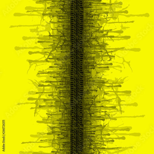 Dark tyre tracks with different grunge yellow splashes