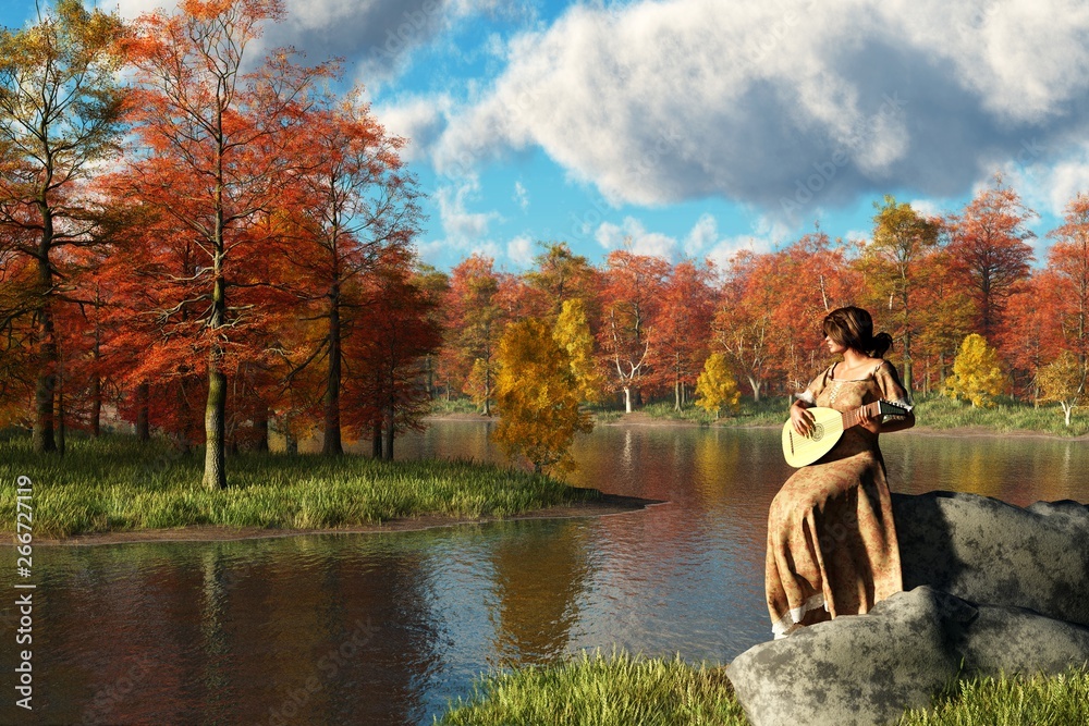 A woman in a light brown, flowery dress sits on boulders on the banks at a bend in a river playing a lute. It's autumn and the trees are alive will bright fall colors. 3D Rendering