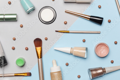 Set of decorative cosmetic on the color background