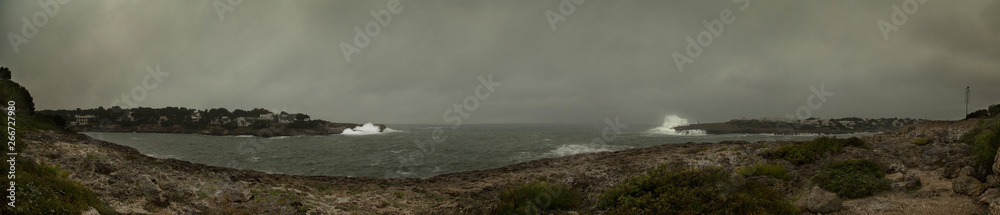 Panorama of bay during stormy weather.