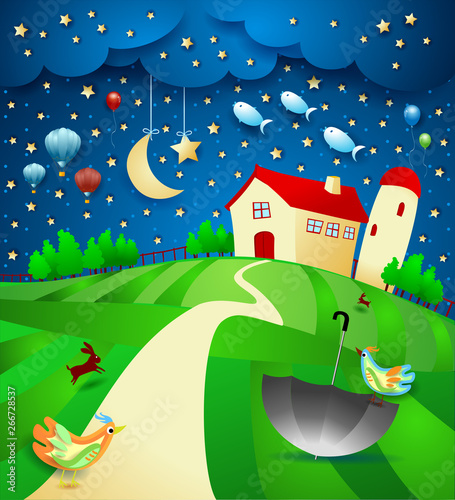 Surreal nigth with farm, umbrella and flying fishes