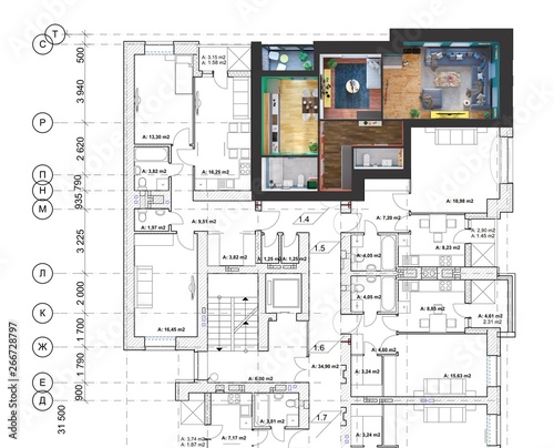3d rendering of a modern two bedroom apartment located on the floor plan drawing