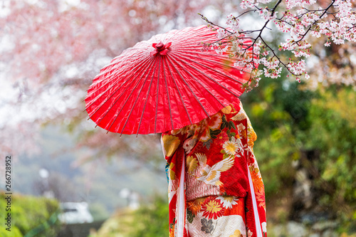 Kyoto, Japan Cherry blossom sakura trees in spring with blooming flowers in garden park by river and woman in red kimono and umbrella photo