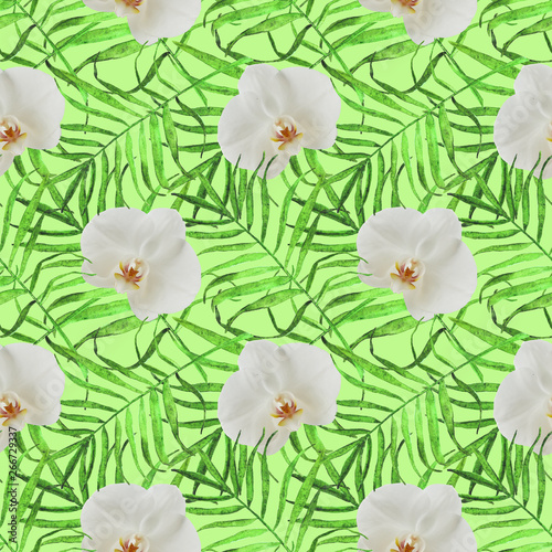 leaves palm trees with orchid seamless pattern green